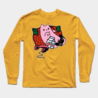 Strawberry milk pink cat gamer relaxing Long Sleeve T-Shirt